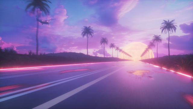 Endless Road with Palm Trees at Sunset